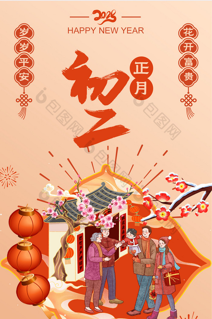 新年正月初二回娘家年俗套图H5蛇年海报