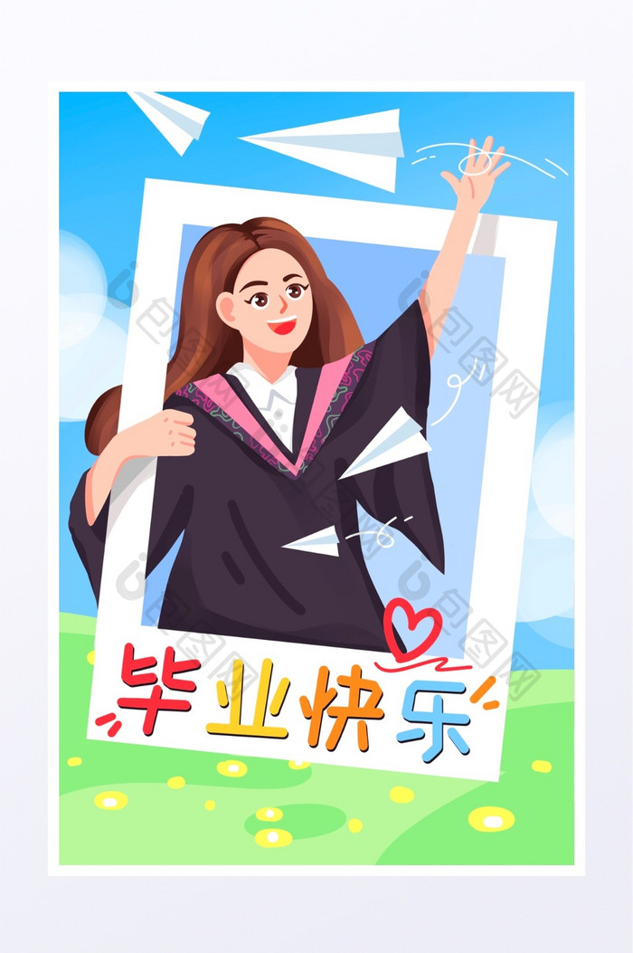 毕业季学生毕业典礼毕业照女生学士服插画