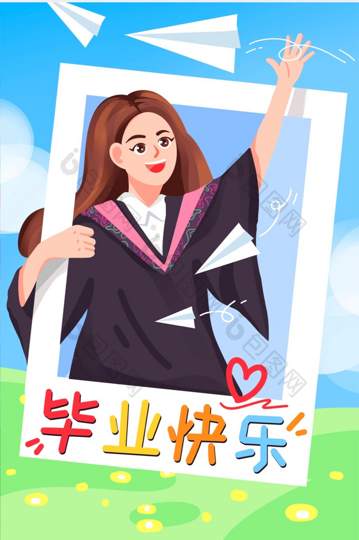 毕业季学生毕业典礼毕业照女生学士服插画