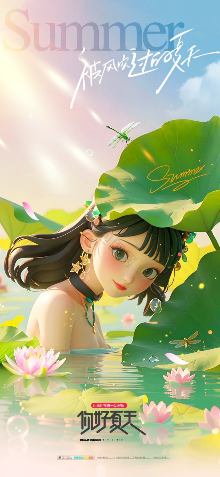 夏日夏天的风3d人物荷叶格营销促销模板-包图网