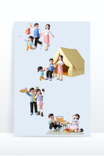 春天户外3D立体人物踏青春游露营场景图片