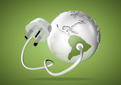 Electrical cable and plug connects power to South America on a world globe. Concept for how Brazil a