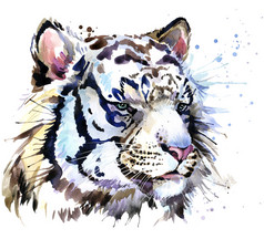 T 恤图形只白色老虎，老虎的眼睛插图，飞溅水彩纹理背景。时尚插画水彩虎打印，纺织品，服装设计的海报
