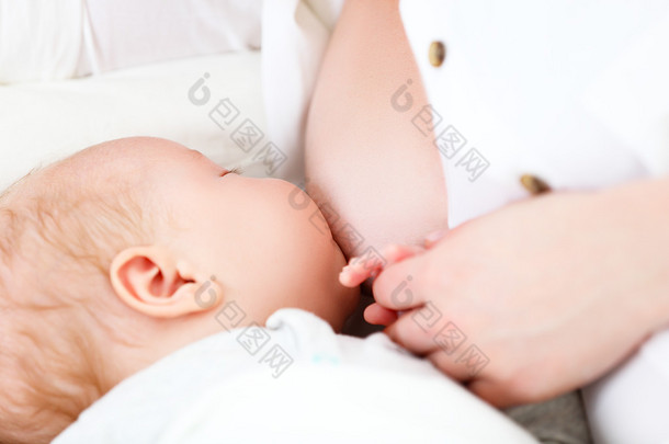 母乳喂养。母亲抱着新生的怀抱和母乳喂养