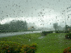 雨水滴在镜子后的墙上雨模糊新鲜绿色的植物和背景中的道路.