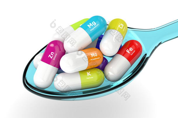 3d 渲染的膳<strong>食补</strong>充剂分离在白色的汤匙