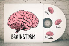 关闭 Cd 封面与创造性的人类大脑素描砖背景上。头脑风暴的概念。3d 渲染