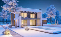现代冬季房子晚上的 3d 渲染