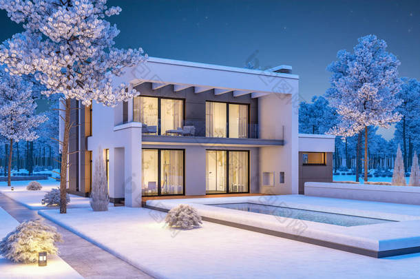 现代冬季房子晚上的 3d 渲染