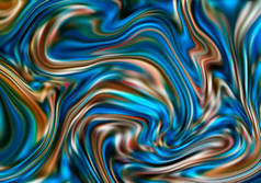 蓝色的液体表面数码插图。玛瑙石点缀深青色和橙色油漆。抽象的 suminagashi