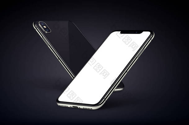 类似于 iphone X 透视智能手机在深色背景上使用白色屏幕模拟背面和正面