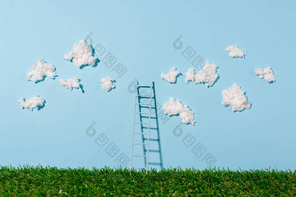 小梯子站在绿草和蓝天白云