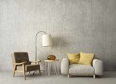 现代客厅与扶手椅和灯。斯堪的纳维亚室内设计家具。3d 渲染插图