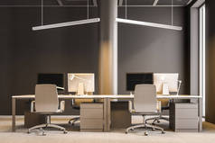 现代咨询公司办公室内部与褐色墙壁, 专栏和计算机桌站立在列。工业风格。阁楼3d 渲染模拟
