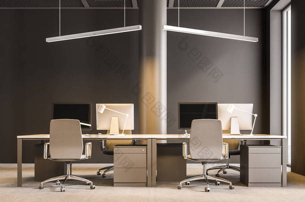 现代咨询<strong>公司</strong>办公室内部与褐色<strong>墙</strong>壁, 专栏和计算机桌站立在列。工业风格。阁楼3d 渲染模拟