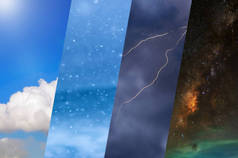 天气预报背景-品种天气情况, 明亮的太阳和降雪, 黑暗的暴风雨天空与闪电