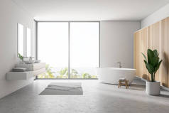 时尚的白色浴室内饰与混凝土地板, 灰色地毯, 窗口与热带景观, 木墙, 大浴缸, 双水槽与垂直镜子和盆栽植物。3d 渲染复制空间