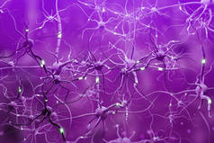 紫色的神经元在紫色背景上发光的片段。神经元接口和计算机科学概念。3d 渲染复制空间