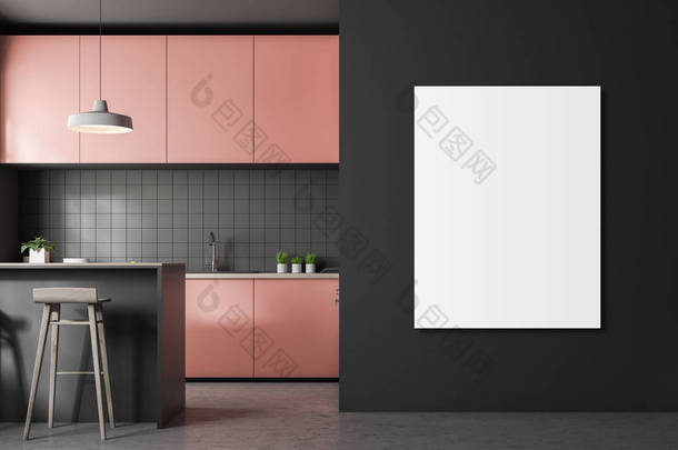 前视图灰色瓷砖厨房与混凝土地板, 粉红色台面。3d 渲染垂直模拟海报