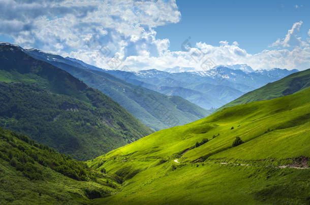 山脉的美丽景色。<strong>夏日</strong>阳光明媚的山区, 在上斯瓦涅季亚, 乔治亚州。高山山谷。高加索高地。令人惊叹的自然。<strong>风景</strong>草丘陵。奇妙的自然.