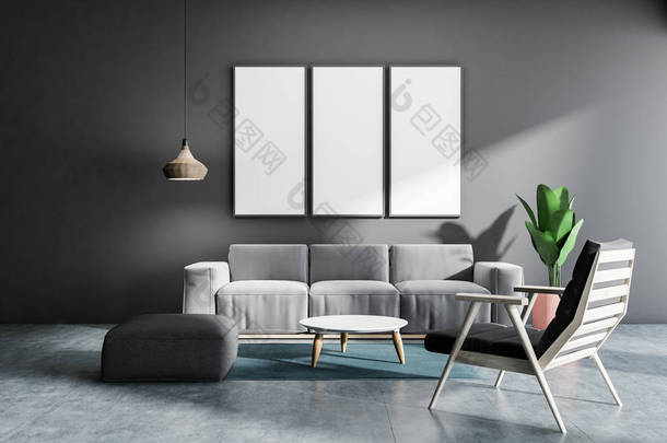 灰色起居室内有混凝土地板, 灰色扶手椅和沙发, 圆形茶几, 垂直模拟海报框架。3d 渲染