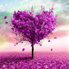 3d 插图-秋天树的形状的心脏, 紫色的颜色