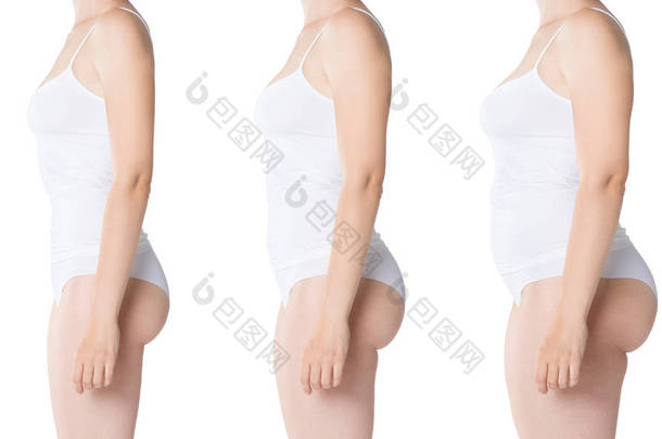 妇女的身体之前和之后的体重损失查出的白色背景, 复合图像的三张照片
