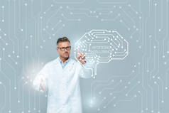 英俊的科学家在眼镜触摸医疗界面与大脑隔离灰色, 人工智能的概念