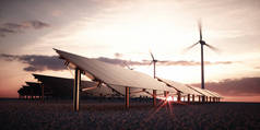 现代和未来派的审美黑色太阳能电池板的大型光伏电站与风力涡轮机在温暖的日落光线背景。3d 渲染.