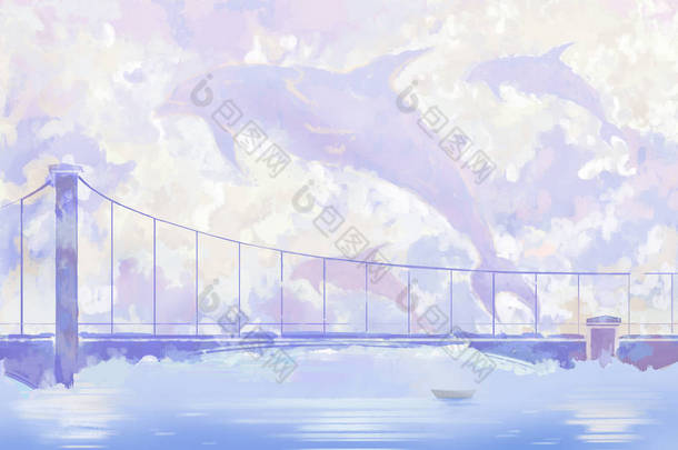 桥和鲸鱼。水彩风格数字艺术品