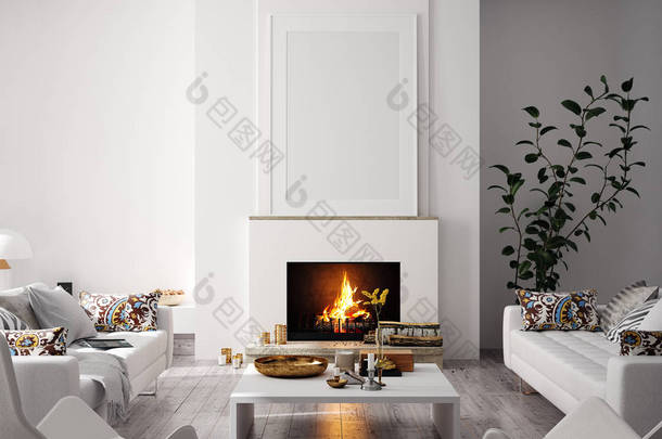 用壁炉装饰现代家居内部的海报，斯堪的纳维亚风格，3D渲染