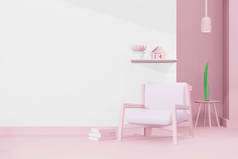 可爱快乐的情人节日室，配有3D款式的家具模板，模仿柔和的粉色