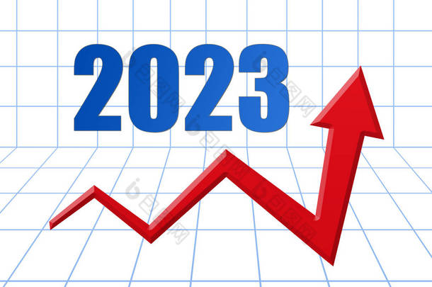 蓝色 3d 网格与文本上的红色增长箭头︰ 2023 年