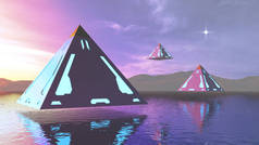 3d 说明五颜六色的霓虹灯奇幻的海费。未来主义的形象.