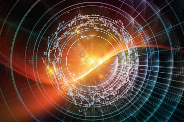 数字系列技术。技术、科学和计算机信息世界中数字、网格和<strong>光源</strong>的组成