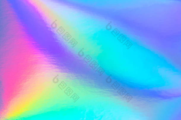 80年代流行的彩虹全息图背景。紫罗兰色、粉色和薄荷色的模糊纹理.
