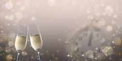 新年的背景。用香槟酒和时钟祝酒.
