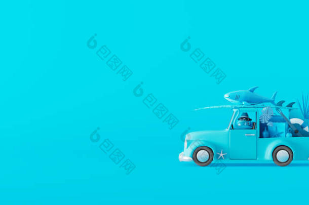 蓝色的车，带有行李和海滩配件，蓝色的背景。具有复制空间3D渲染3D图解的创造性最小夏季概念