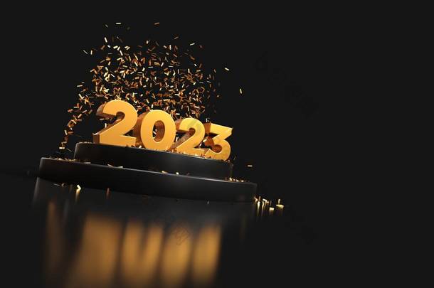 快乐的新年2023 - 3D渲染-金色和黑色
