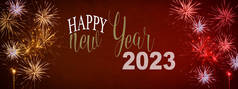 2023年新年快乐派对，喜庆的背景横幅全景-金黄色红色质感烟火