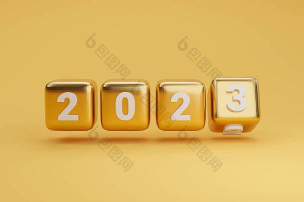 在黄色背景下，金立方体在2022年至2023年之间翻转变化，以准备快乐的新年，快乐的圣诞，并以现实的3D方式<strong>开创</strong>新的商业理念.