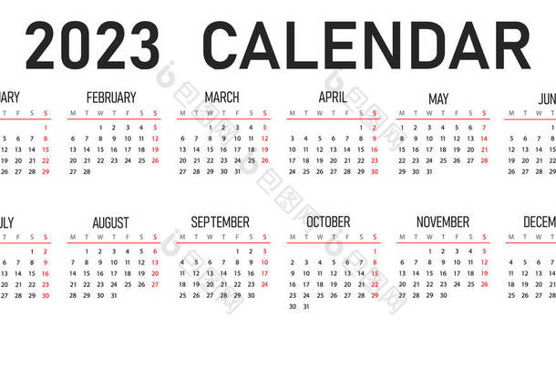 2022年和2023年日历的水平矢量设计。2022年和2023年关于组织和业务的白色背景日历。1.星期从星期一开始