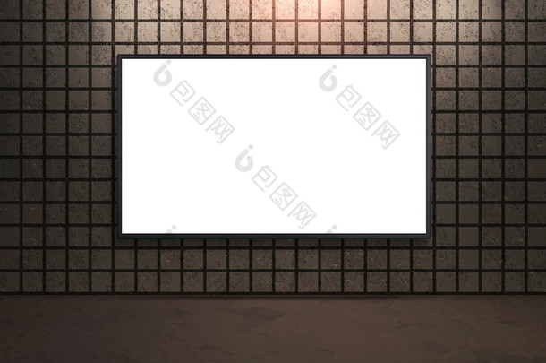 空白白色的宽屏幕电视，棕色砖砌体中的房间
