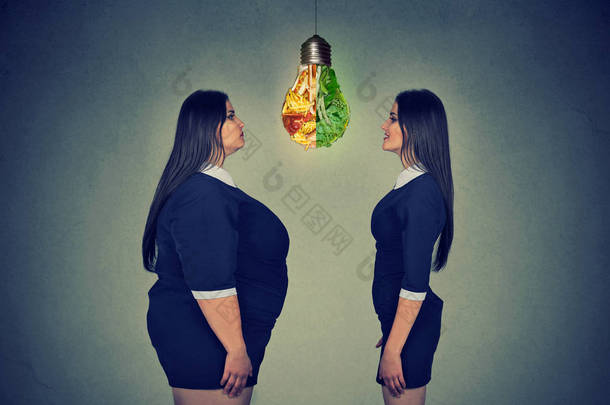 胖女人看着苗条适合女孩。饮食的选择合适的营养概念