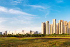 杭州奥林匹克体育中心附近的现代住宅建筑 (如盛开的莲花) 从空旷的草原上的蓝云天空