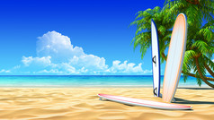 田园热带沙滩上的三个冲浪板。无噪音、 清洁，非常详细的 3d 呈现。冲浪、 休息、 假期、 度假村设计的概念.