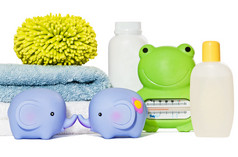 宝贝，孤立的沭浴配件： 毛巾、 玩具、 海绵、 thermomete
