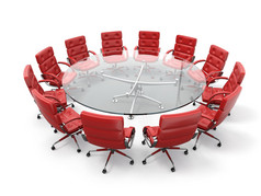 商务会议或集体讨论的概念。圆表和红色扶手椅
