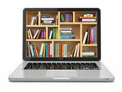 电子学习教育或互联网图书馆。笔记本电脑和书籍.