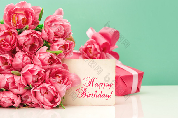 Pink tulips, gift ang greeting card Happy Birthday